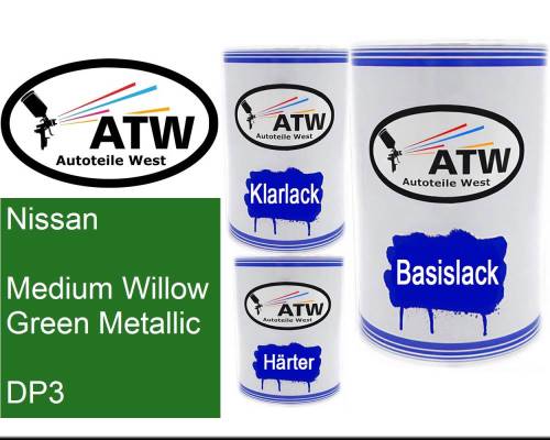 Nissan, Medium Willow Green Metallic, DP3: 500ml Lackdose + 500ml Klarlack + 250ml Härter - Set, von ATW Autoteile West.